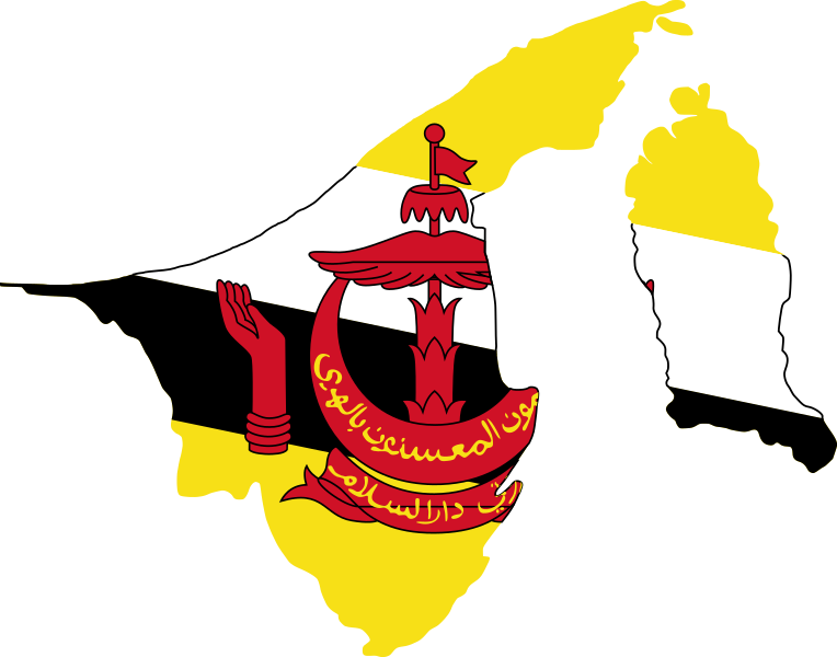 Map outline of Brunei filled with the national flag colors, featuring a white and black diagonal stripe and a red crest with Arabic script.