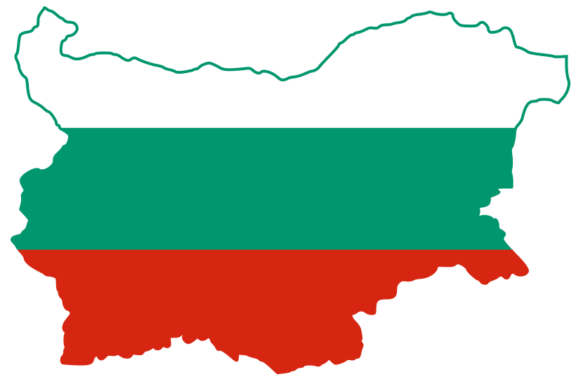 Outline of Bulgaria filled with the Bulgarian flag, featuring horizontal bands of white, green, and red.