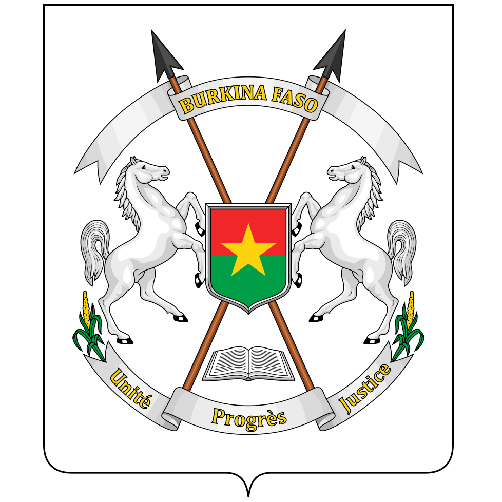 Coat of arms of Burkina Faso featuring two white horses, a shield with a star, and a banner with the words "Unité, Progrès, Justice".