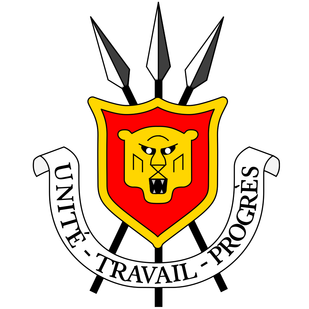 Coat of arms of Burundi featuring a shield with a lion head, three spears behind, and a banner with the national motto "Unité, Travail, Progrès".