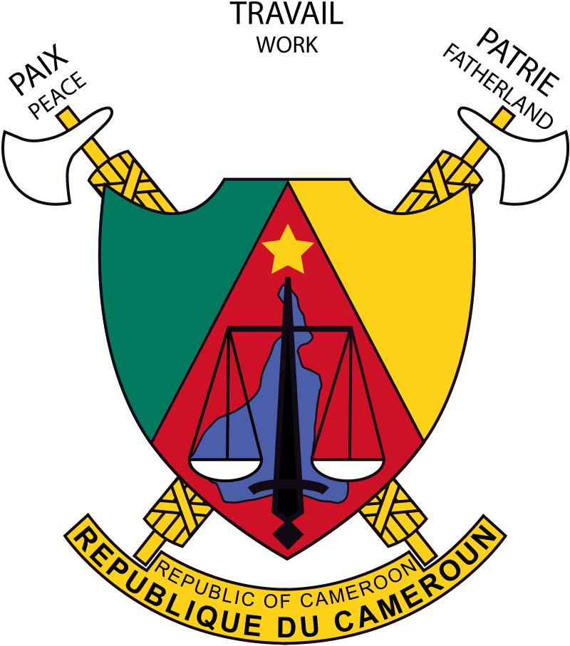 Coat of arms of Cameroon featuring a shield with a star at the top and scales of justice in the center, flanked by two crossed fasces, with a banner below reading "Republic of Cameroon - Republique du Cameroun."