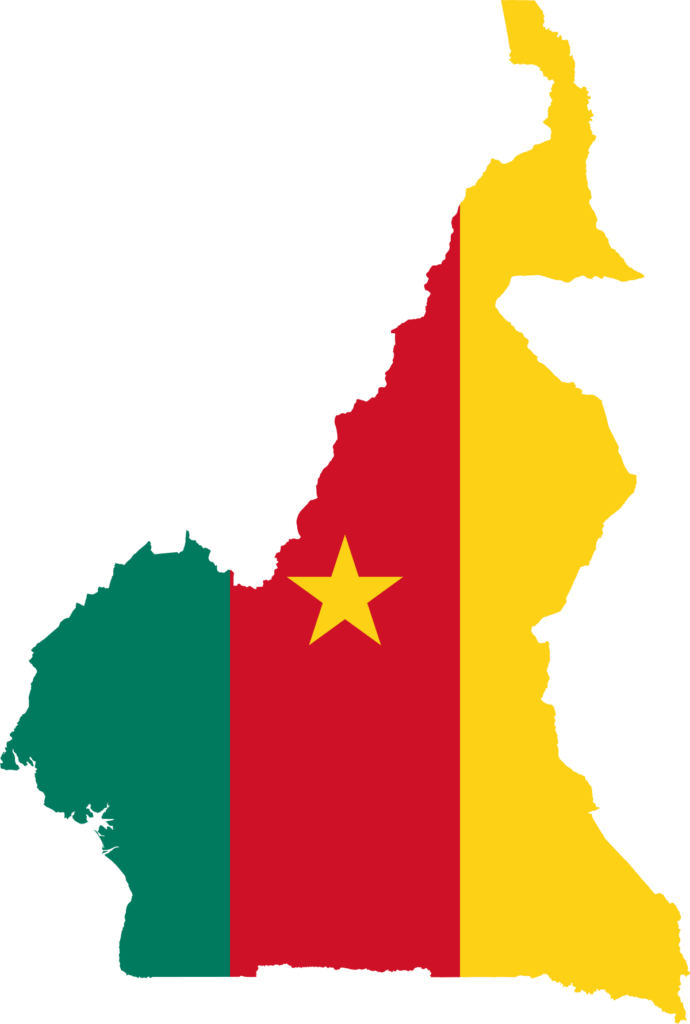 Map of Cameroon with the national flag overlaying the country's geographical shape.