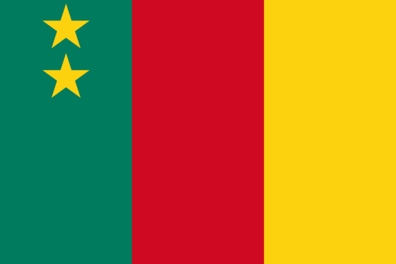 Historical flag of Cameroon with vertical tricolor of green, red, and yellow, and two yellow stars on the green band.