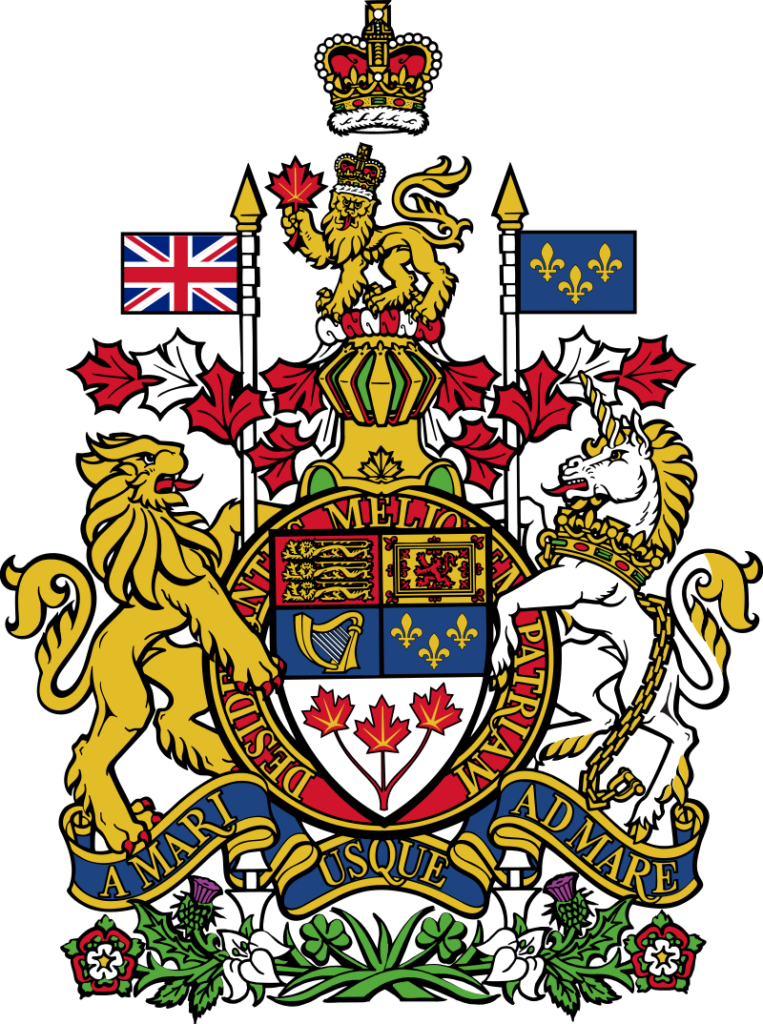 Canadian coat of arms featuring a shield with a lion, unicorn, and elements representing various provinces, topped by a royal crown and surrounded by maple leaves.