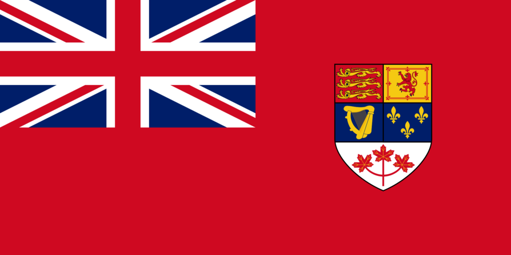 Canadian Red Ensign flag with the Union Jack in the upper left corner and a shield featuring various heraldic symbols on the right side against a red background.