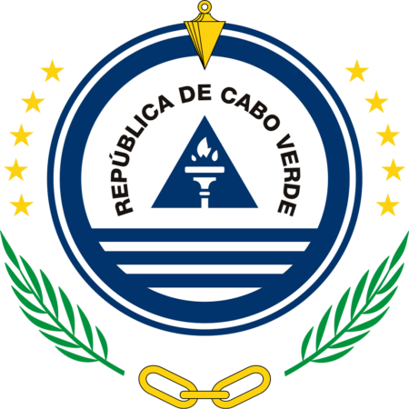 Coat of arms of Cape Verde featuring a circle of ten yellow stars, a blue shield with three blue wavy stripes and a torch, surrounded by a laurel wreath, with a banner above reading "República de Cabo Verde."