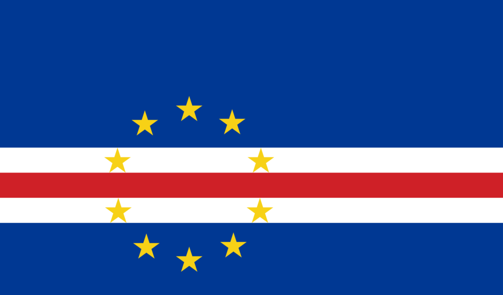 Flag of Cape Verde with horizontal bands of blue, white, and red, and a circle of ten yellow stars.