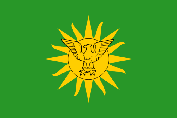 Flag of the Central African Empire with a green background, a golden sun, and an eagle in the center.