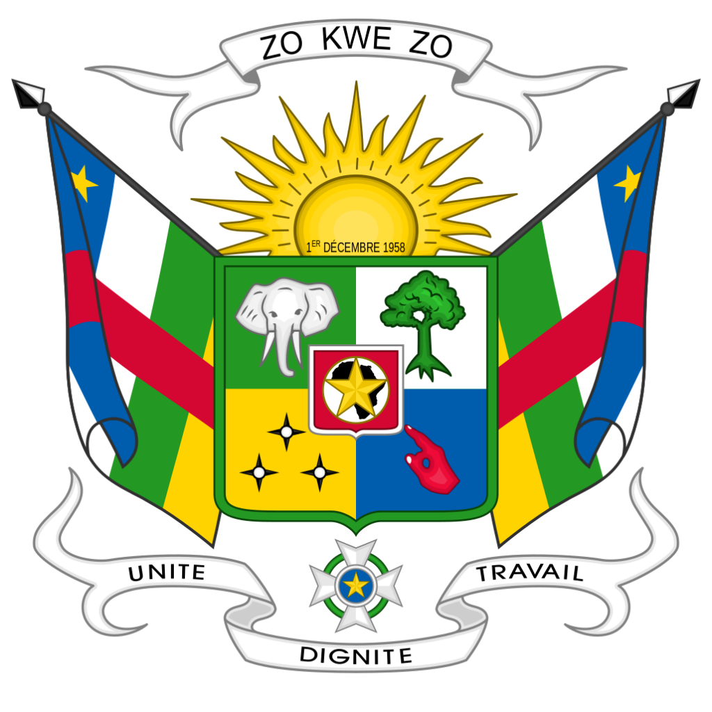 Coat of arms of the Central African Republic featuring a shield with four quadrants, national flag drapery, a sun, an elephant head, a baobab tree, a medal, and a banner with the words "Unité, Dignité, Travail".