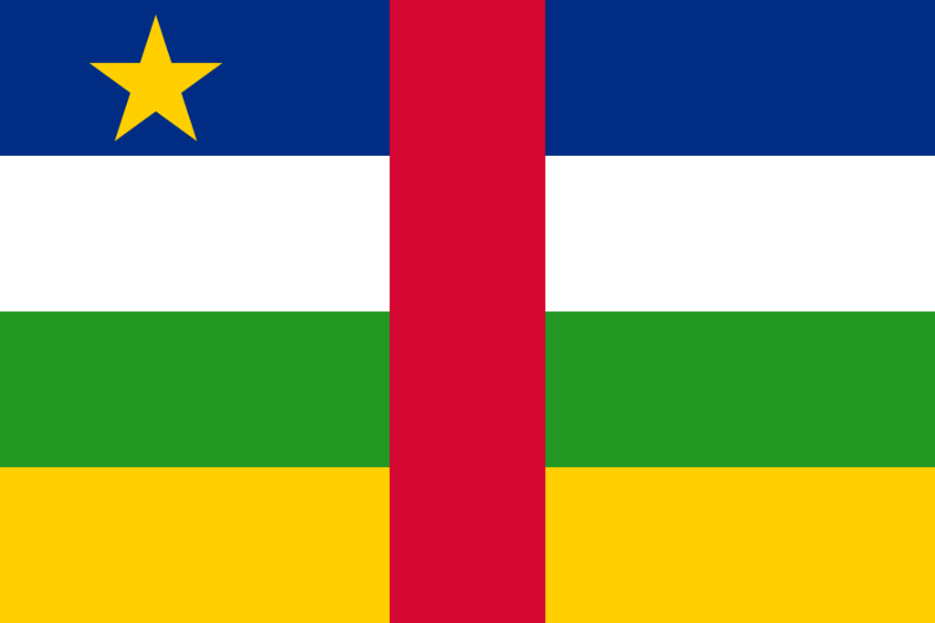 Flag of the Central African Republic with four horizontal stripes in blue, white, green, and yellow, a vertical red stripe in the center, and a yellow star in the upper left corner.