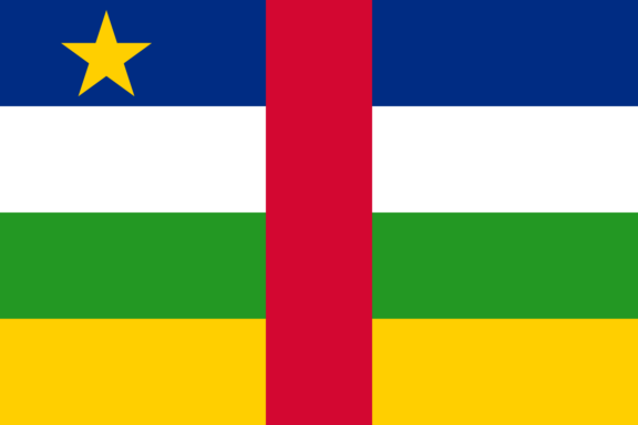 Flag of the Central African Republic with four horizontal stripes in blue, white, green, and yellow, a vertical red stripe in the center, and a yellow star in the upper left corner.