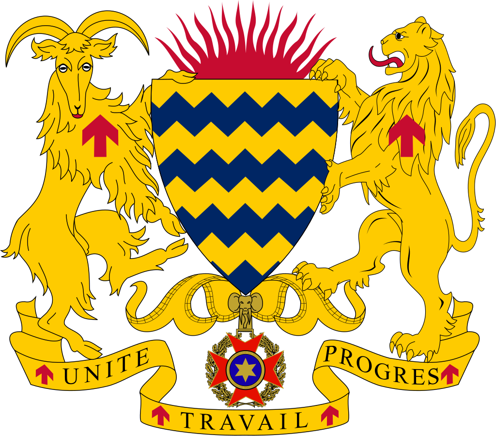 Coat of arms of Chad featuring a shield with blue and yellow wavy stripes, flanked by a goat and a lion, with a red rising sun above and a banner below with the words "Unité, Travail, Progrès".