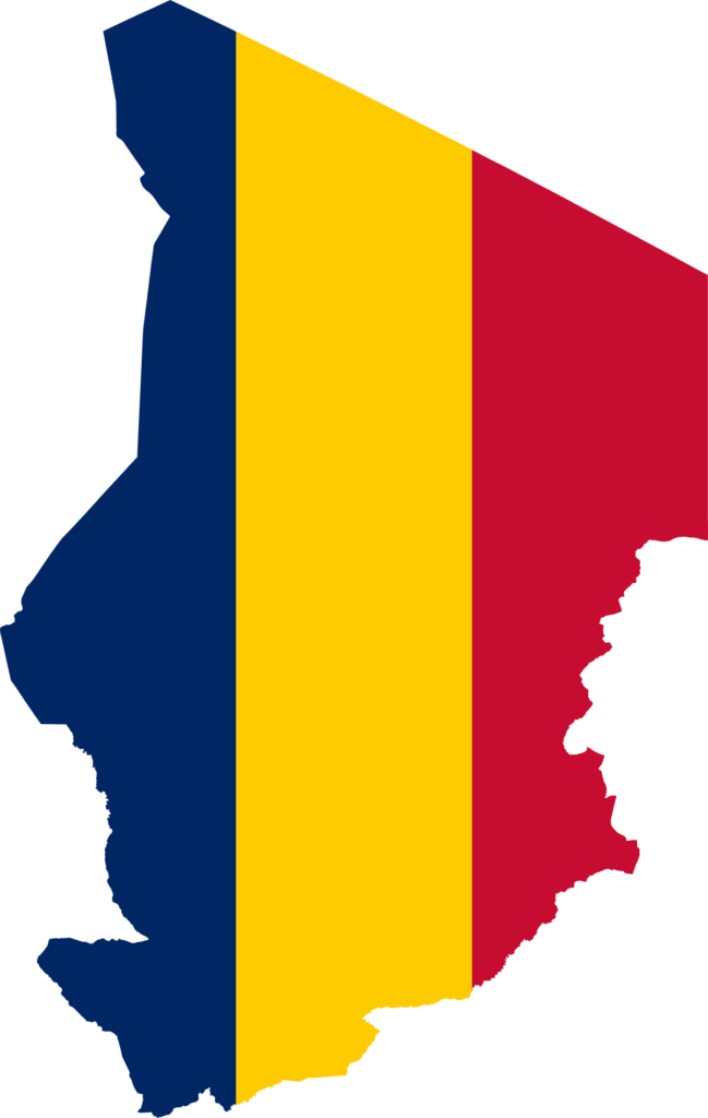 Outline of Chad's map filled with the national flag, featuring blue, yellow, and red vertical stripes.