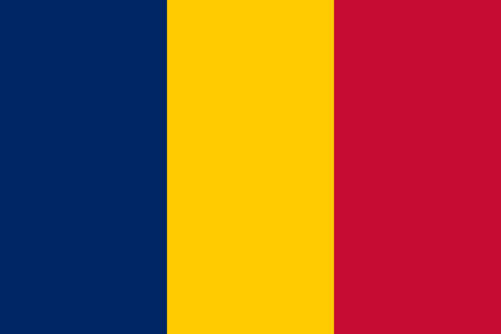 Flag of Chad with vertical blue, yellow, and red stripes.