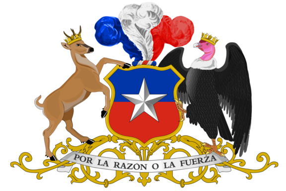 Coat of arms of Chile featuring a shield with a white star on a blue background, flanked by a huemul deer and an Andean condor, above a scroll with the motto "Por la Razon o la Fuerza" and a crest with blue, white, and red balloons.