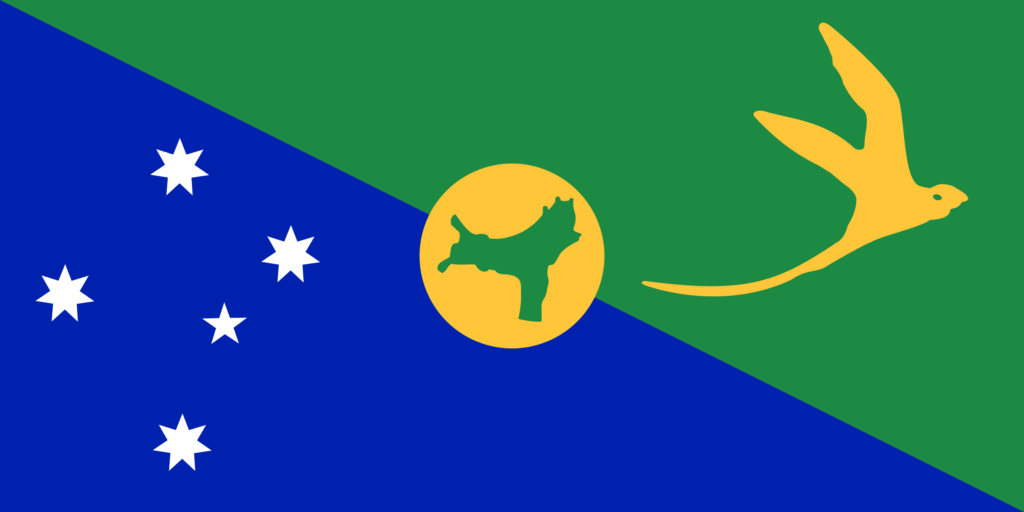 Flag of Christmas Island with a blue and green diagonal field, a golden bird, and the Southern Cross constellation.