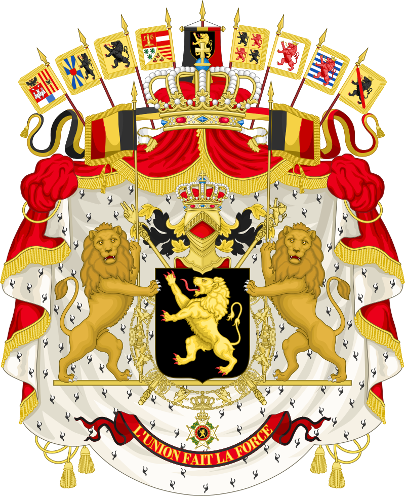 Coat of arms of Belgium featuring a central shield with a lion, flanked by two standing lions, with a royal crown on top and a banner below.