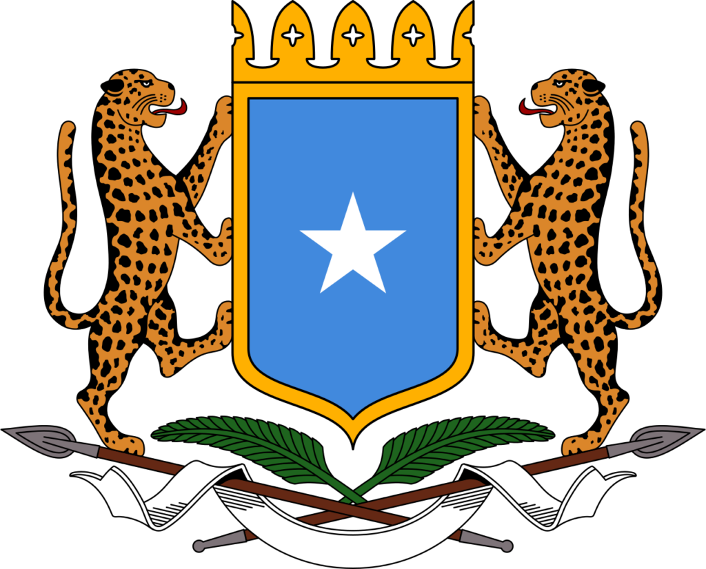 Coat of arms of Somalia featuring two leopards supporting a shield with a white star on a light blue background, topped by a golden crown with five points, and crossed spears and palm leaves below.