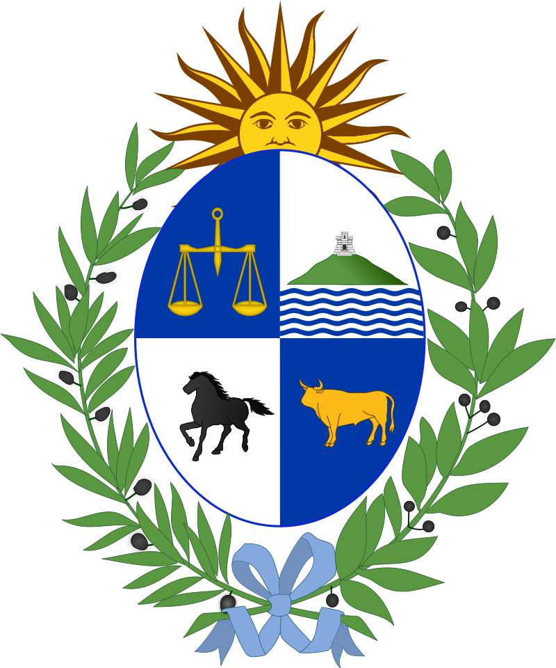 Coat of arms of Uruguay featuring a sun, scales of justice, a black horse, a golden ox, and a hill with a fortress, surrounded by olive branches.