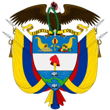 Coat of arms of Colombia featuring a condor with outstretched wings atop a shield with a Phrygian cap, two cornucopias, an ocean, a pomegranate, and a ship, flanked by Colombian flags and rifles, with a scroll reading "Libertad y Orden".