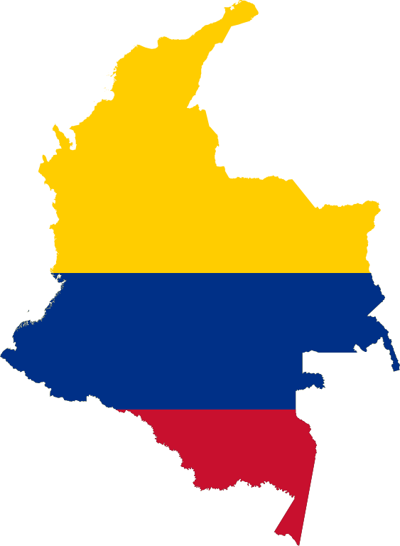 Map of Colombia with the Colombian flag colors overlaying the country's silhouette.