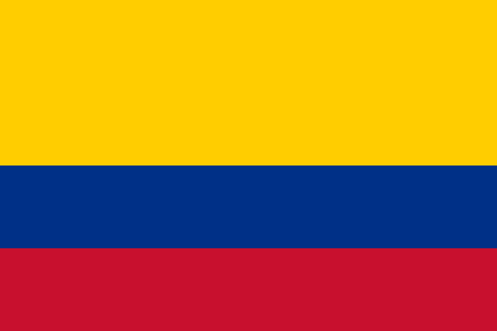 Flag of Colombia with horizontal stripes, yellow at the top, blue in the middle, and red at the bottom.