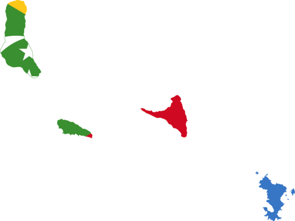 Map of Comoros with the islands outlined and filled with the colors of the national flag.