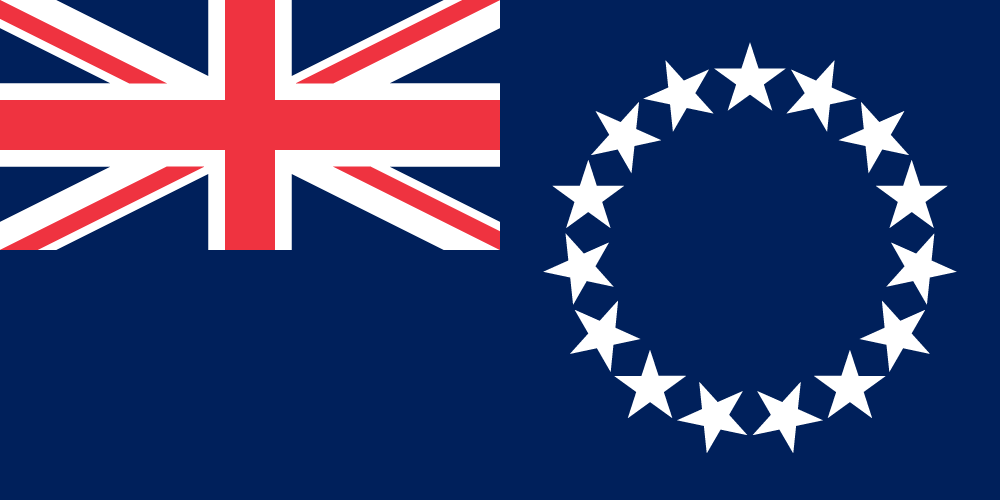 Flag of the Cook Islands with a blue field, the Union Jack in the canton, and a circle of 15 white stars on the fly side.