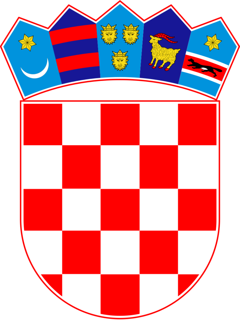 Coat of arms of Croatia featuring a red and white checkered shield topped with five smaller shields on a blue ribbon.