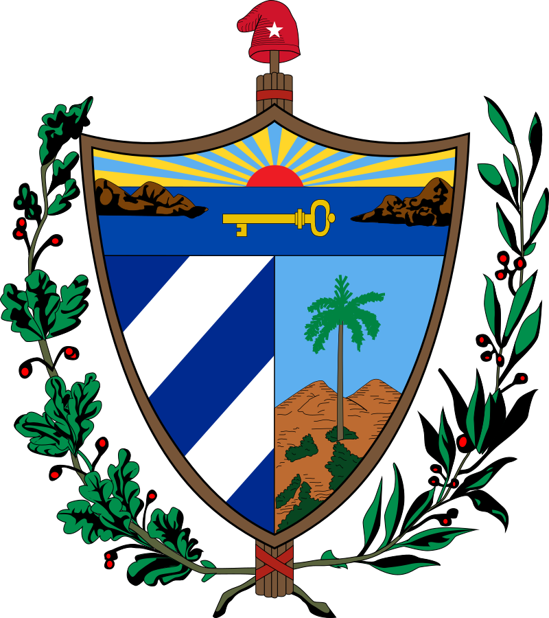 Coat of arms of Cuba featuring a shield with a palm tree, key, and rising sun, flanked by laurel and oak branches, and topped with a Phrygian cap.