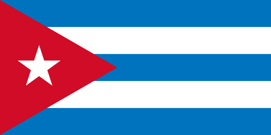 Flag of Cuba consisting of five horizontal stripes and a red triangle with a white star on the left side.