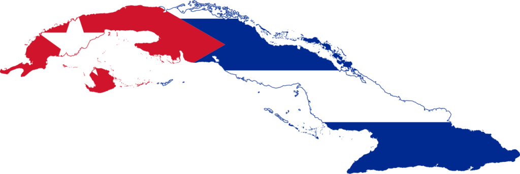 Map of Cuba with the Cuban flag overlaying the country's silhouette.