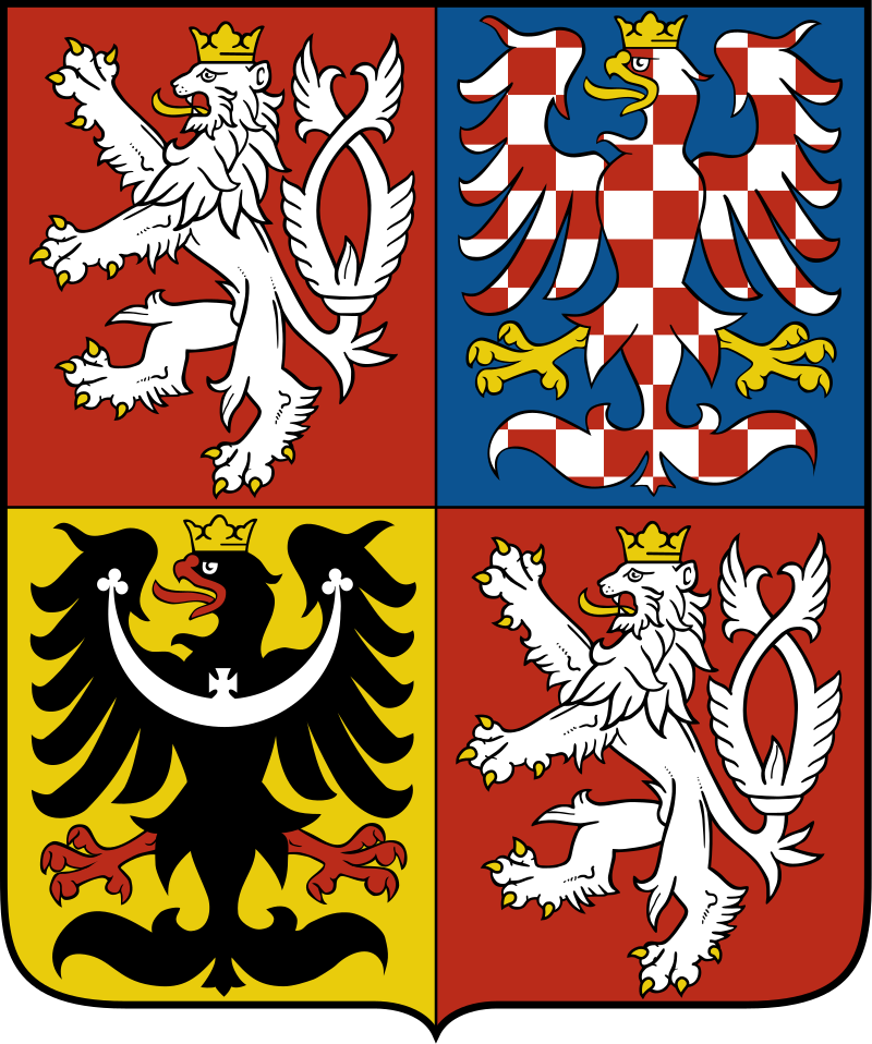 Coat of arms of the Czech Republic featuring a two-tailed lion, an eagle, and red, blue, white, and yellow colors.