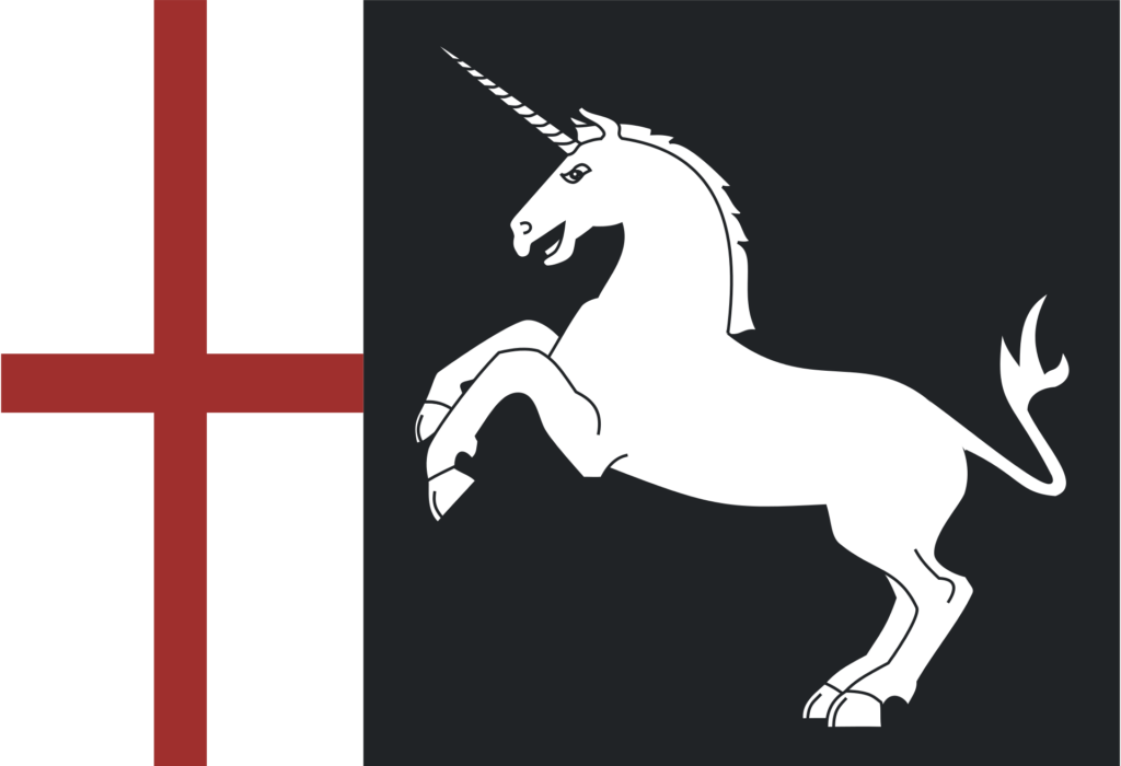 Flag of Georgia with a silhouette of a unicorn on the right side.