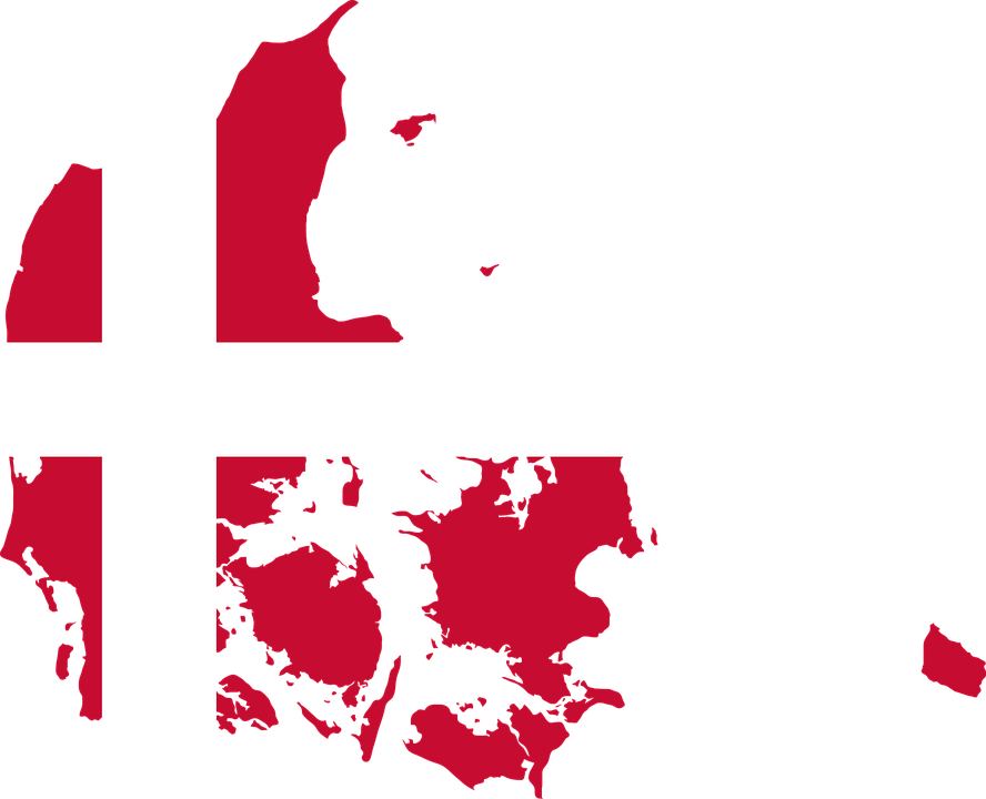 Map of Denmark with the Danish flag superimposed on it.