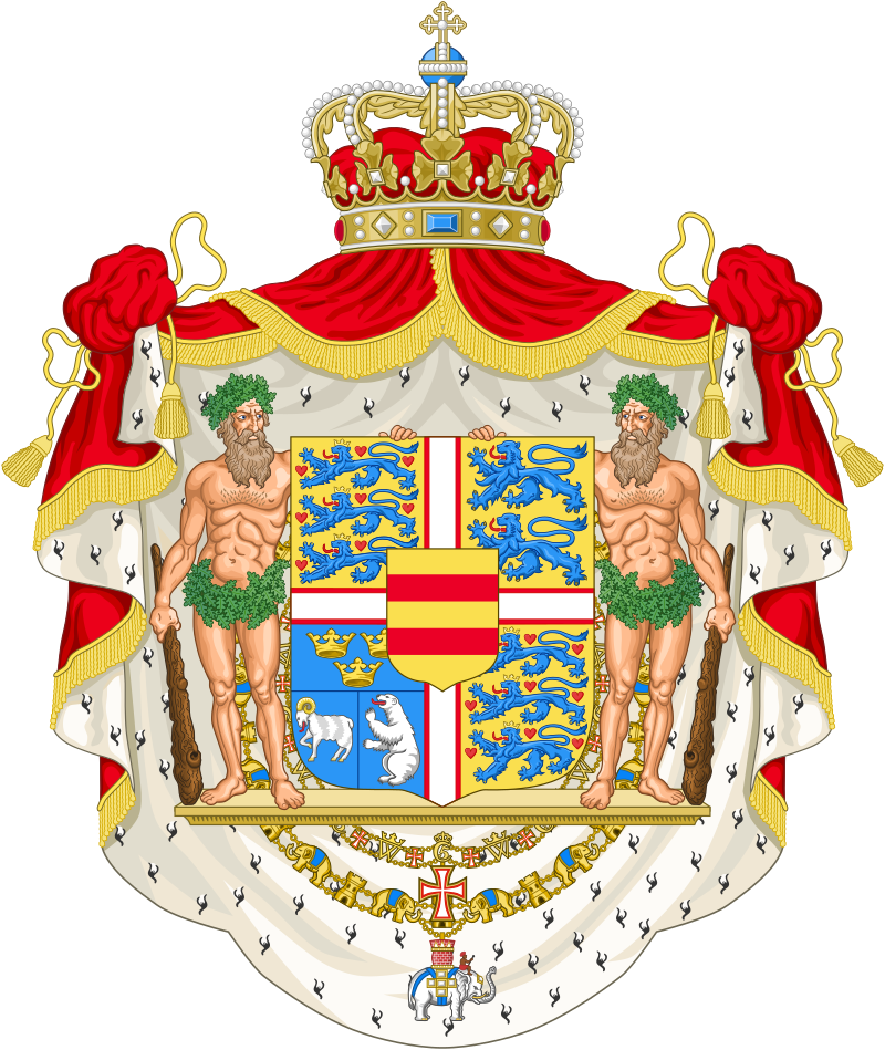 Denmark's coat of arms featuring a central shield with a red cross and blue background, flanked by two wild men, with a royal crown on top and a red and gold mantle in the background.