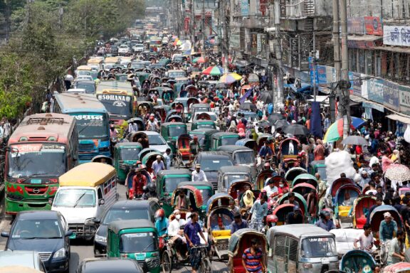 An overcrowded street in Dhaka, Bangladesh, the most densely populated city in the world.