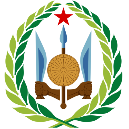 Emblem of Djibouti featuring a shield with a spear and two hands, flanked by olive branches with a red star at the top.