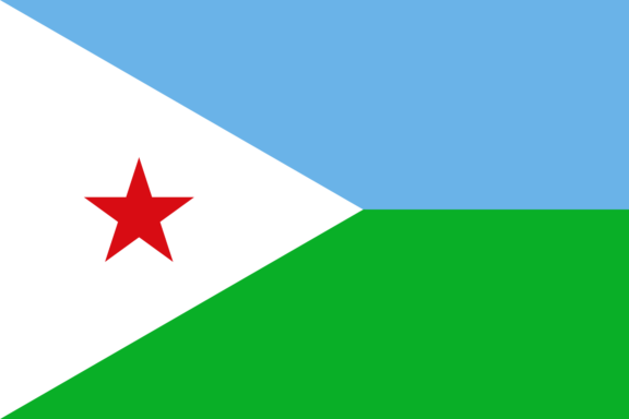 Flag of Djibouti with a light blue triangle bearing a red star at the hoist and horizontal stripes in green and white.