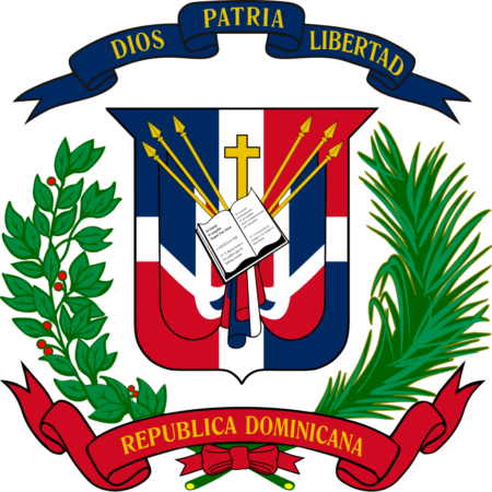 Coat of arms of the Dominican Republic featuring a shield with a cross, a bible, and spears, flanked by an olive branch and a palm frond, with a blue ribbon above and a red banner below.