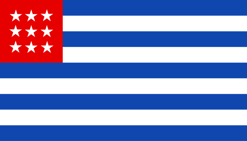 Historical flag of El Salvador featuring a blue-white-blue horizontal stripe pattern with a red square in the upper left corner containing white stars.