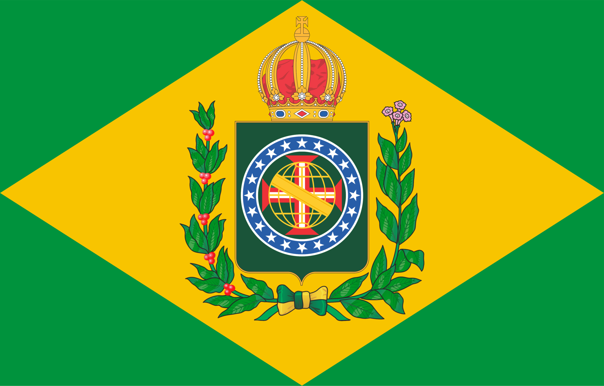 Flag of the Empire of Brazil with a green field and a yellow rhombus, featuring a blue circle with 20 white stars, a central emblem, and a crown, surrounded by coffee and tobacco branches.