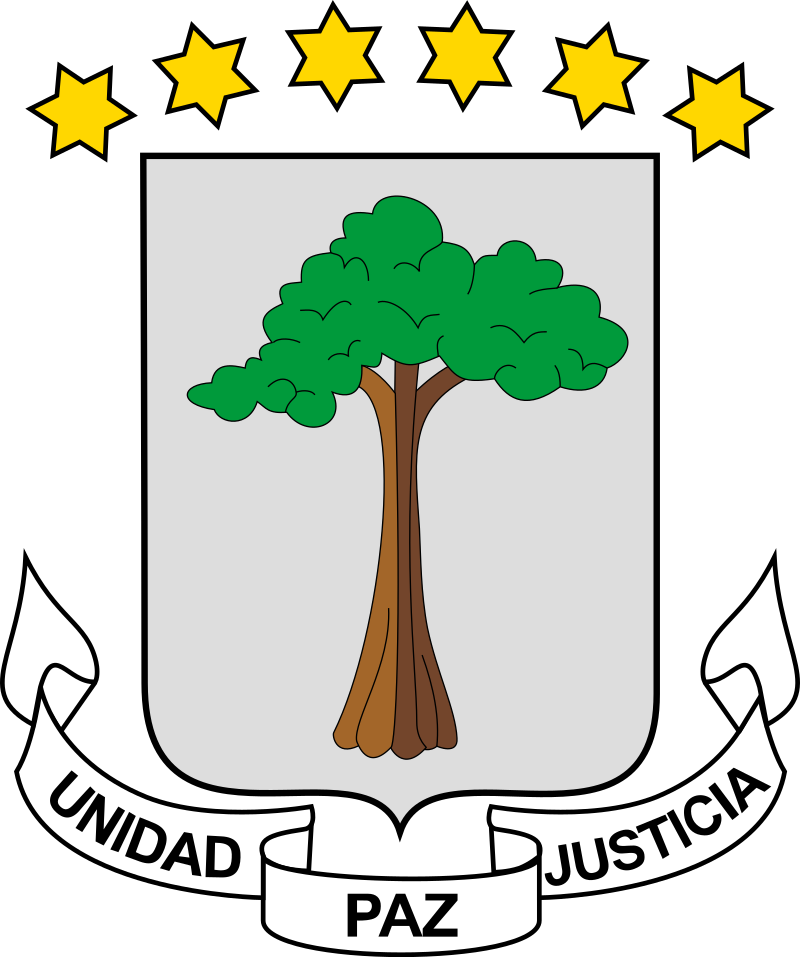 Coat of arms of Equatorial Guinea featuring a silk cotton tree, a banner with the national motto, and six yellow stars above.