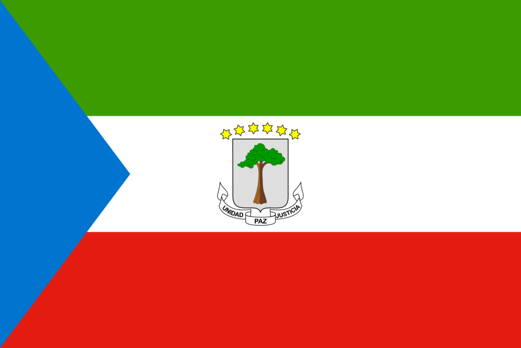 Flag of Equatorial Guinea with horizontal stripes of green, white, and red, a blue triangle at the hoist side, and a coat of arms with a silk cotton tree in the center.