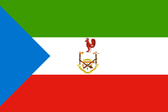 Flag of Equatorial Guinea with a horizontal tricolor of green, white, and red, a blue triangle at the hoist, and the national coat of arms at the center.