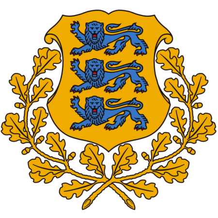 Coat of arms of Estonia featuring three blue lions passant gardant on a golden shield, with oak branches on either side.