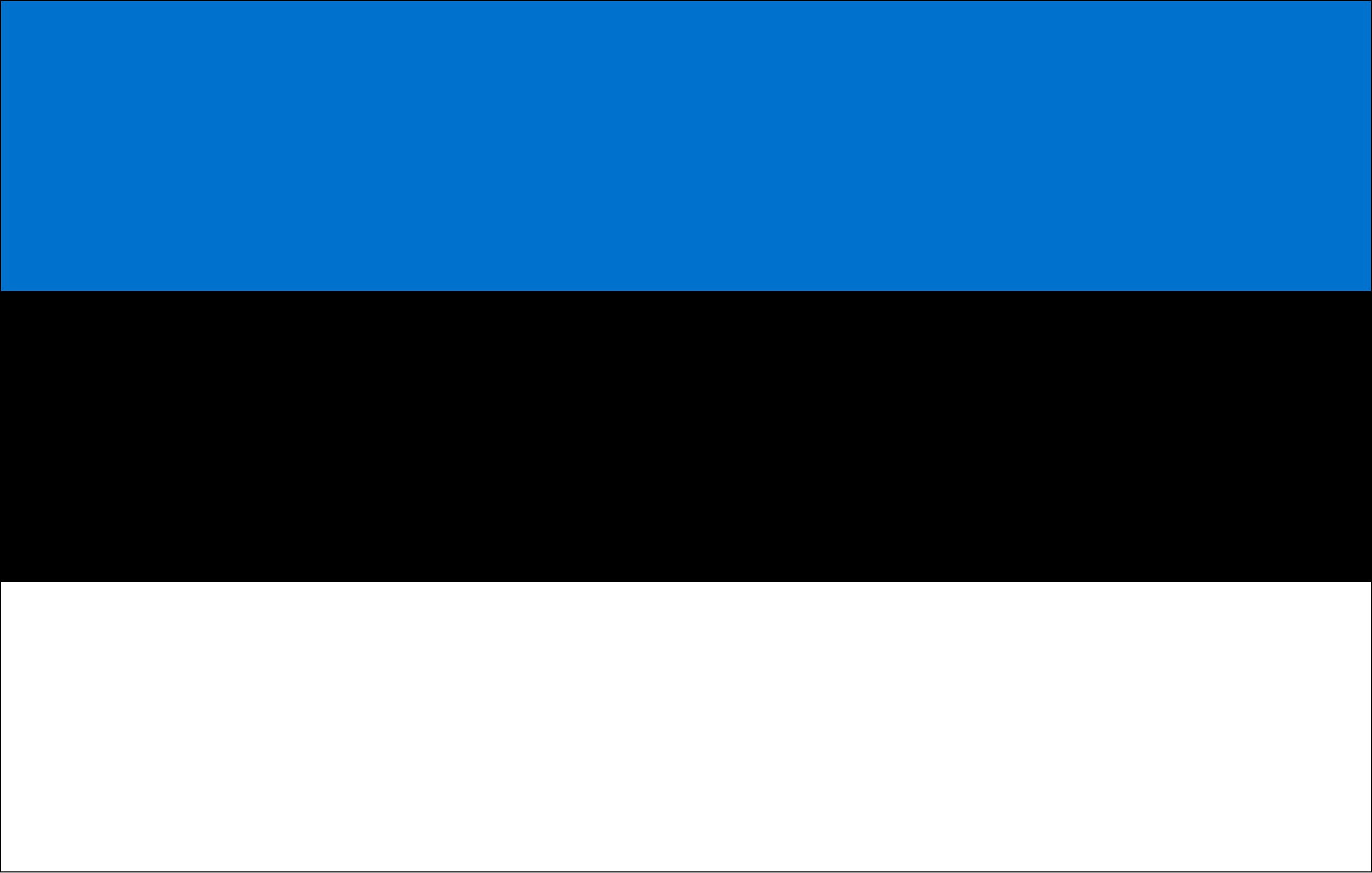 Horizontal tricolor flag of Estonia with bands of blue, black, and white from top to bottom.