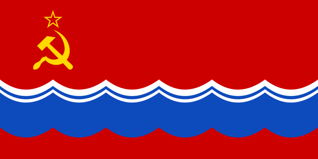 Flag of the Estonian Soviet Socialist Republic with a red field, a blue wavy stripe, and the Soviet hammer and sickle emblem next to a gold star in the upper canton.