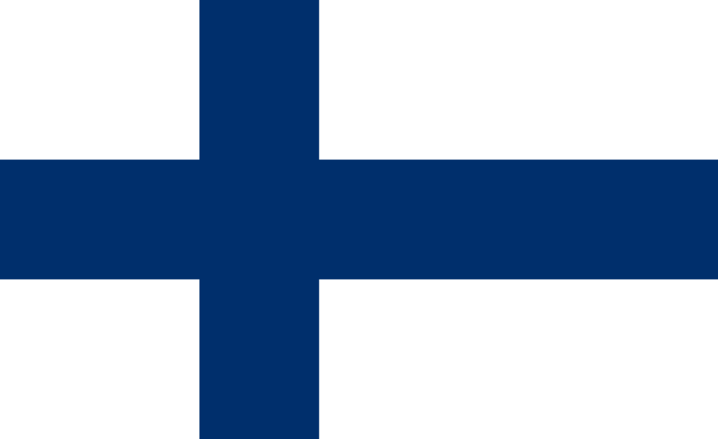 Flag of Finland with a blue Nordic cross on a white background.