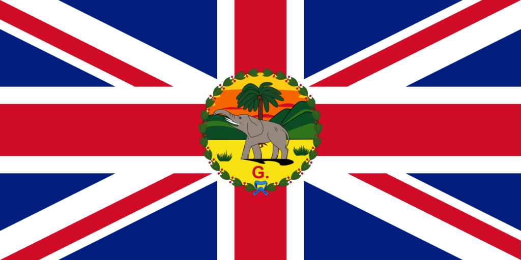 Historical flag of the Governor of Gambia featuring a Union Jack background with a central crest depicting a lion and palm trees.